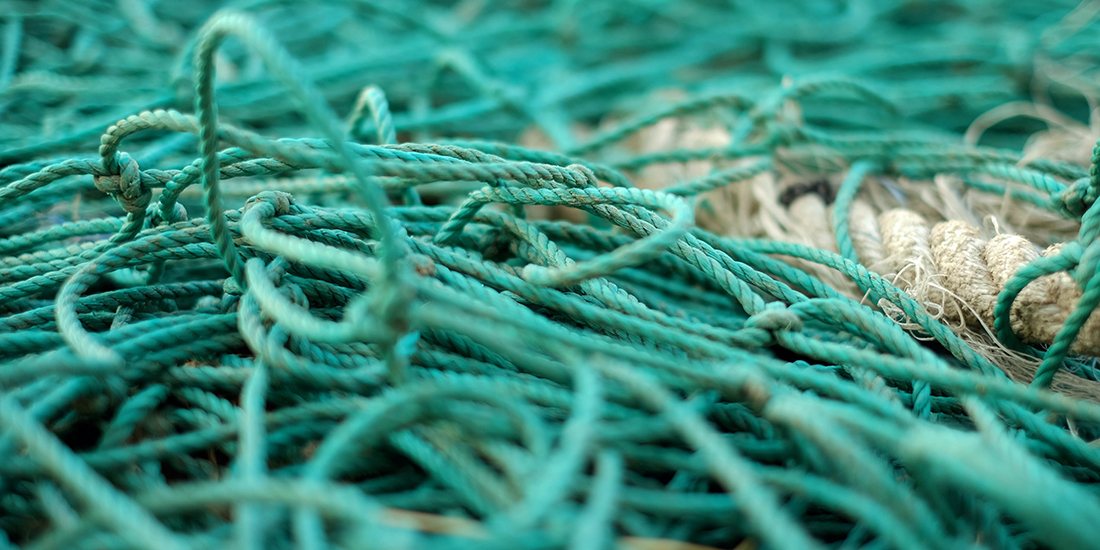 Teal blue fishing rope lies tangled in a heap