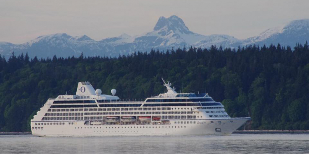 A cruise ship sails past Mt. Doogie Dowler near Campbell River.