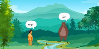 A cartoon of a naked man meeting a bear in the woods. Speech bubbles above their heads indicate they're both a bit startled.