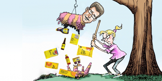 A cartoon of a woman hitting a piñata, only the head is Galen Weston and the candy is No Name Brand food.