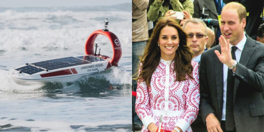 On the left, an Open Ocean Robotics boat skims the water's surface. On the right, a picture of William and Kate.